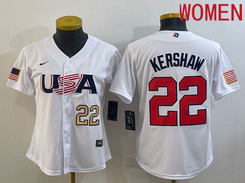 Women 2023 World Cub USA #22 Kershaw White Nike MLB Jersey6->women mlb jersey->Women Jersey